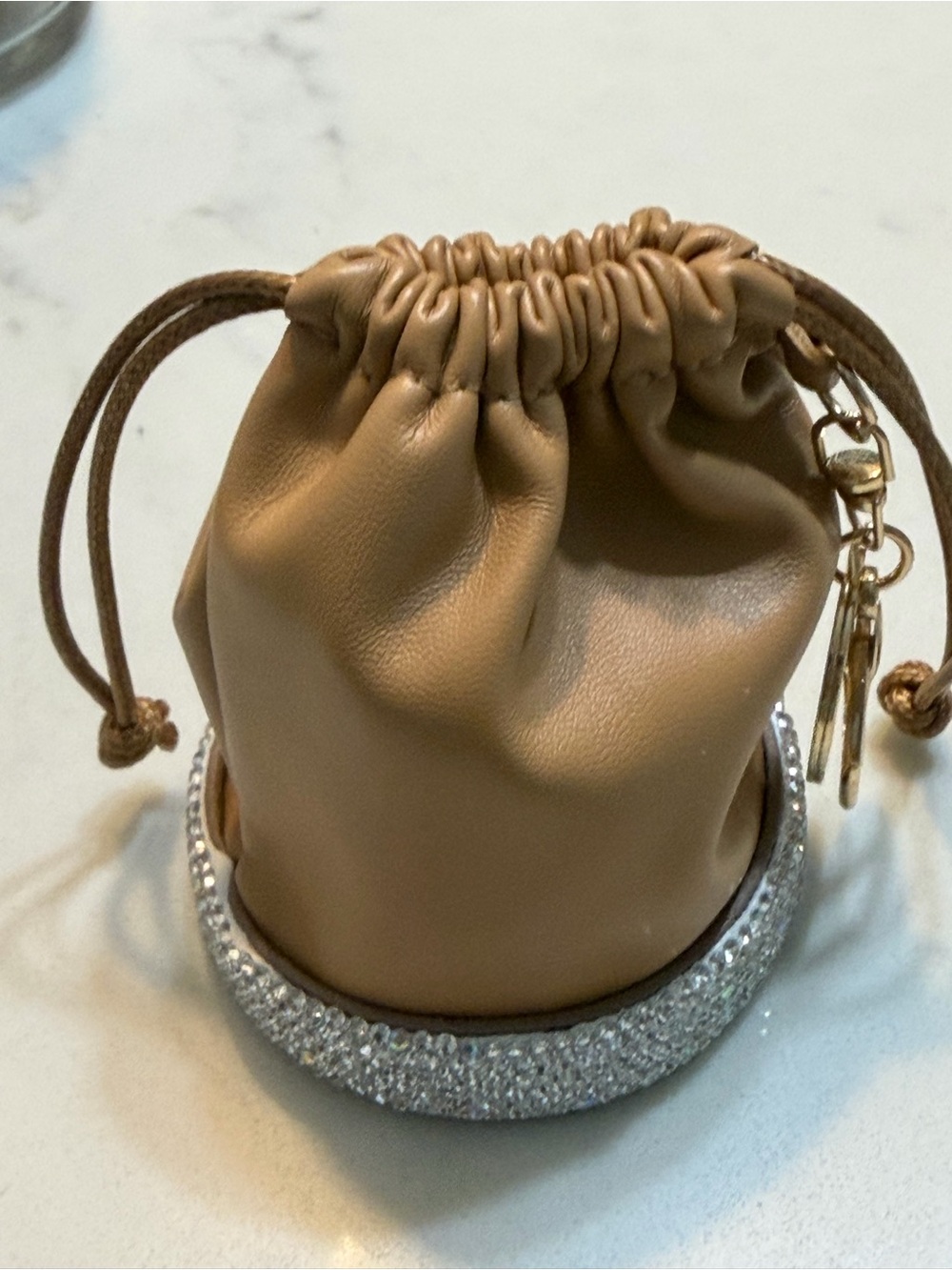 Tan Drawstring Leatherette Mini Pouch Bag/Bag Charm